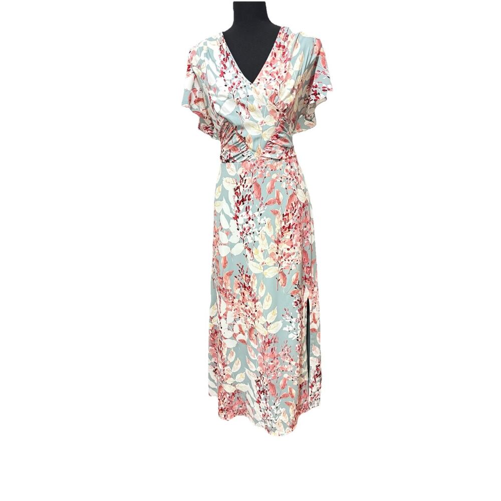 Adrianna Papell Light Blue and Pink Floral V-Neck Flutter Sleeve Wrap Midi Dress - Picture 4 of 9